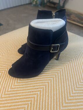 Womens Navy Suede Ankle Boots with Buckle Detail